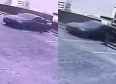 Impactante video del momento en que una camioneta BMW cae de un edificio