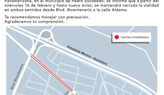 Debido a los trabajos de rehabilitación de la cuarta etapa de la Carretera Panamericana, en el Municipio de Pedro Escobedo, se informa que a partir del miércoles 16 de febrero y hasta nuevo aviso, se mantendrá cerrada la vialidad en ambos sentidos desde el Boulevard Bicentenario hasta la Calle Aldama.